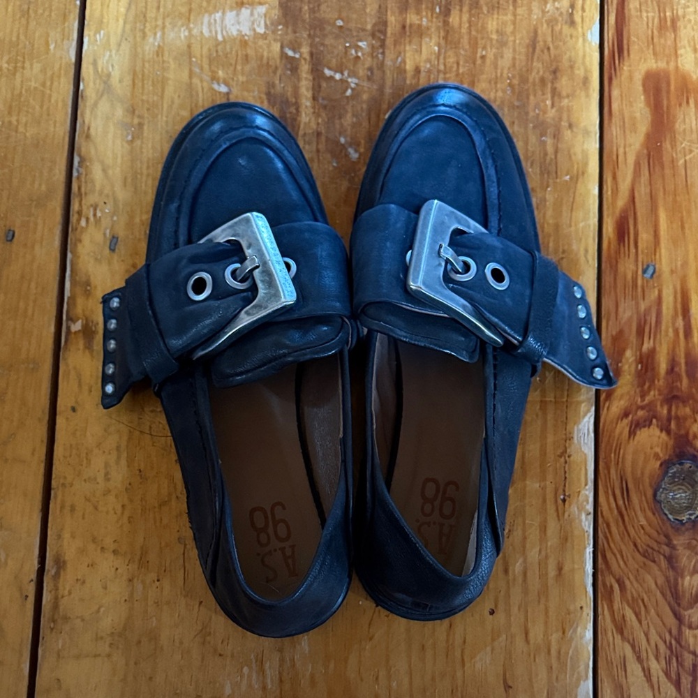 A.S.98 Women's Dark Leather Loafers with Buckle - Picture 2 of 3
